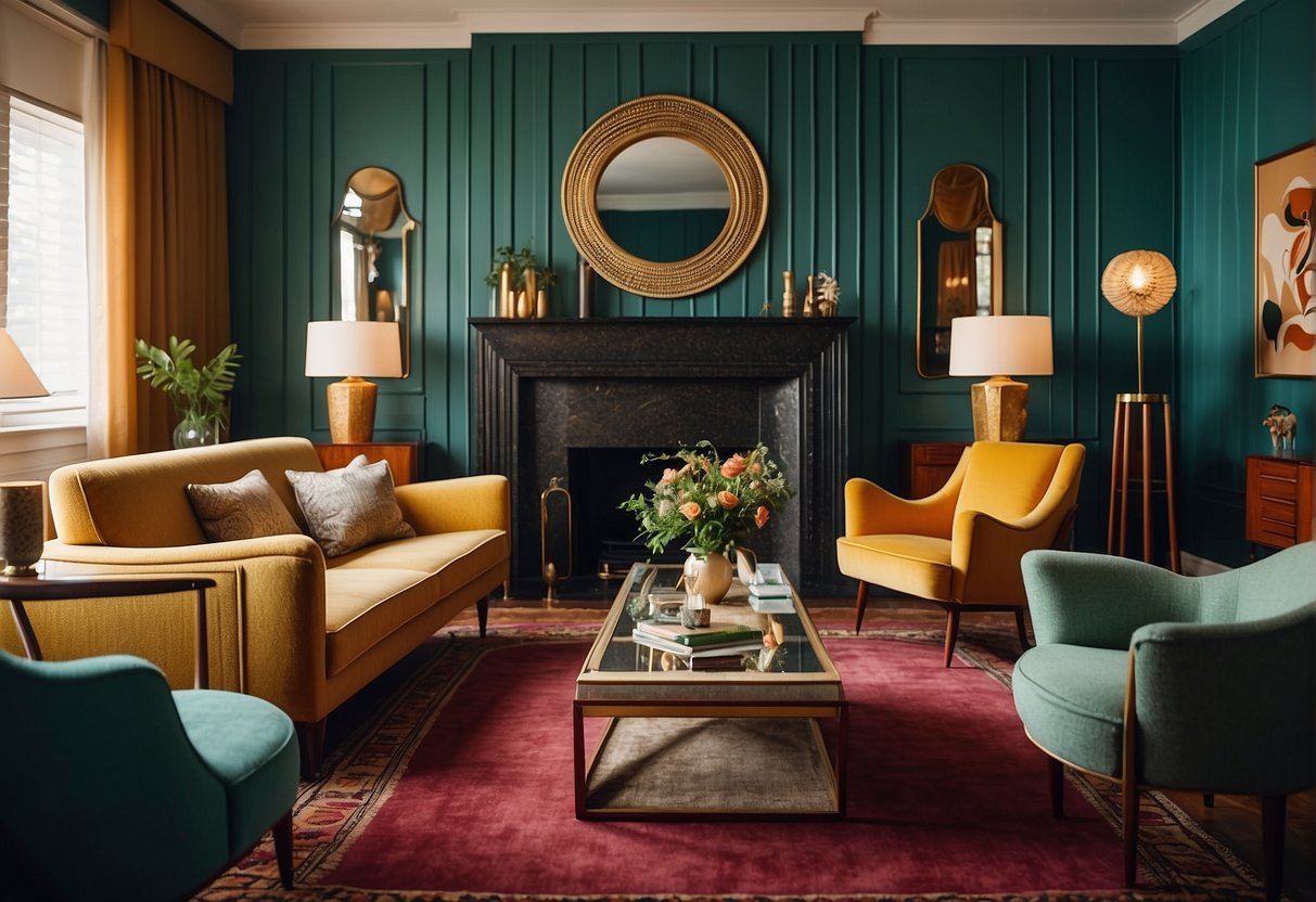 A 1930S Living Room With Art Deco Furniture, Geometric Patterns, And Bold Colors