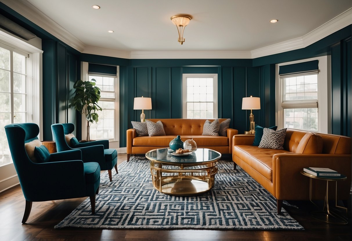 A 1930S Home With Art Deco Elements: Geometric Patterns, Bold Colors, And Sleek Furniture. Streamlined Shapes And Luxurious Materials Create A Sophisticated Yet Comfortable Atmosphere