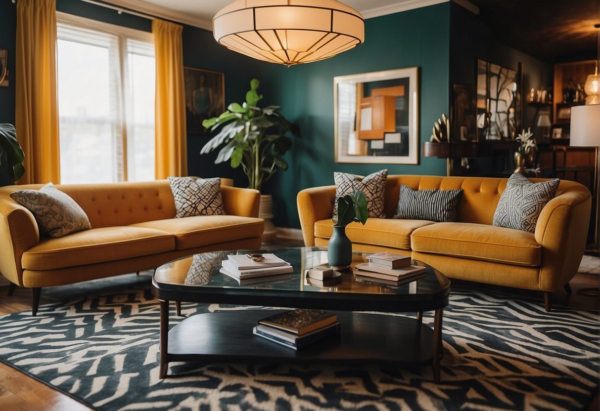 A Cozy Living Room With Art Deco Furniture, Geometric Patterns, And Bold Colors. A Patterned Rug And A Sleek Coffee Table Complete The 1930S Look