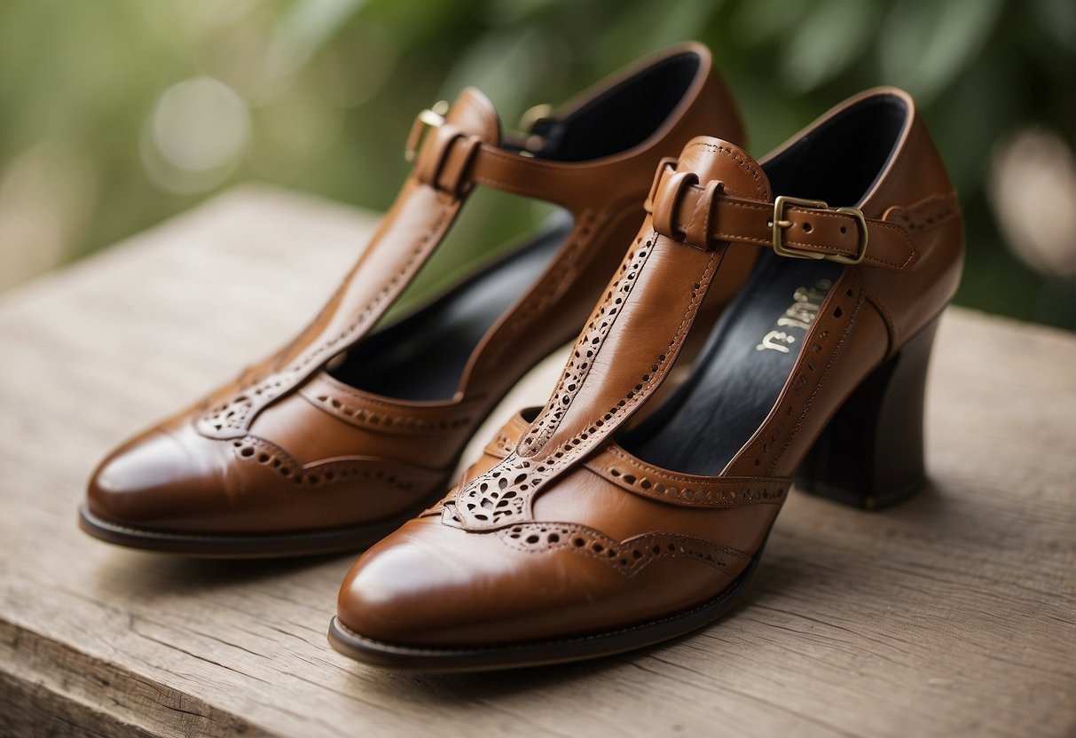 A Pair Of 1930S Shoes Made Of Leather With Intricate Stitching And A Stacked Heel, Featuring A T-Strap Design And A Rounded Toe
