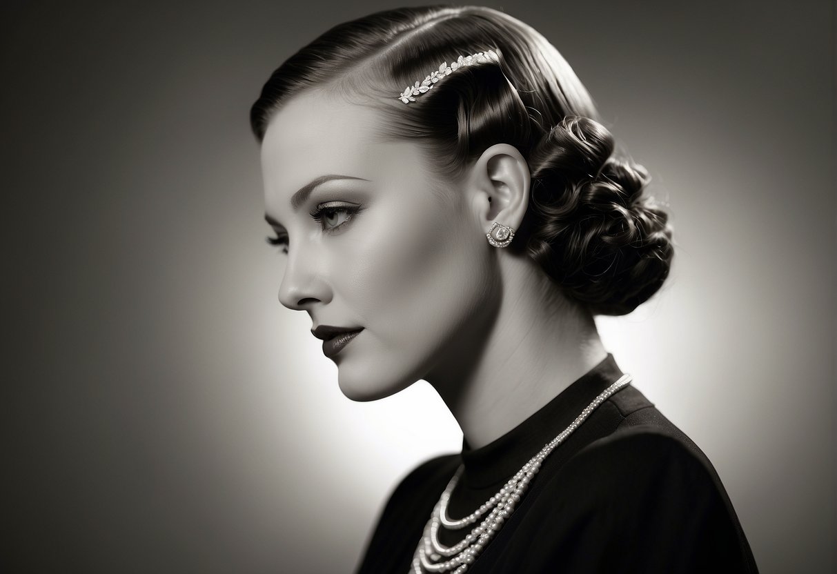 A Woman With Long, Sleek Hair Styled In Finger Waves, Adorned With A Decorative Hair Clip, Capturing The Elegance And Sophistication Of 1930S Hairstyles