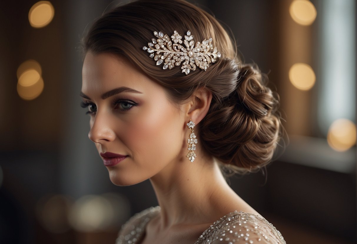 A Woman With Long, Sleek Waves And A Deep Side Part, Adorned With A Decorative Hair Comb. Another Woman With A Soft, Romantic Updo, Featuring Curls And Delicate Hair Accessories