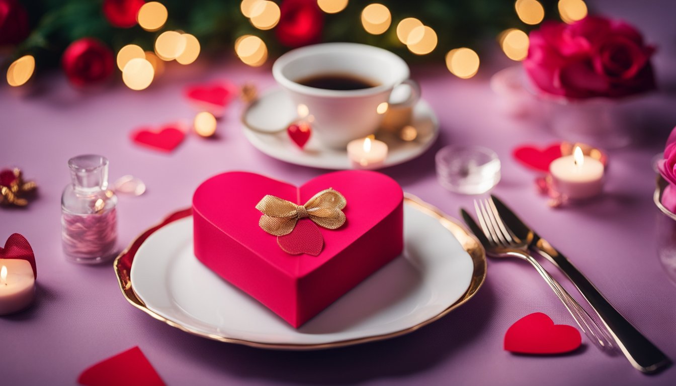 A table adorned with heart-shaped decorations, handmade gifts and cards for Valentine's Day. Bright colors and romantic motifs create a festive and loving atmosphere