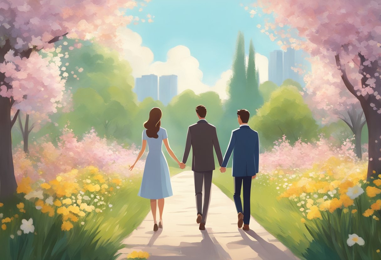 A couple walks hand in hand through a serene park, surrounded by blooming flowers and gentle sunlight, symbolizing new beginnings and healing after divorce
