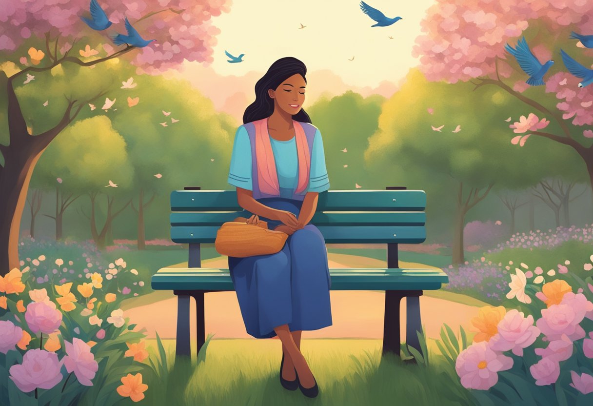 A woman sits contentedly on a park bench, surrounded by blooming flowers and chirping birds. A sense of peace and independence radiates from her as she gazes at the sunset, symbolizing her newfound love and healing after divorce