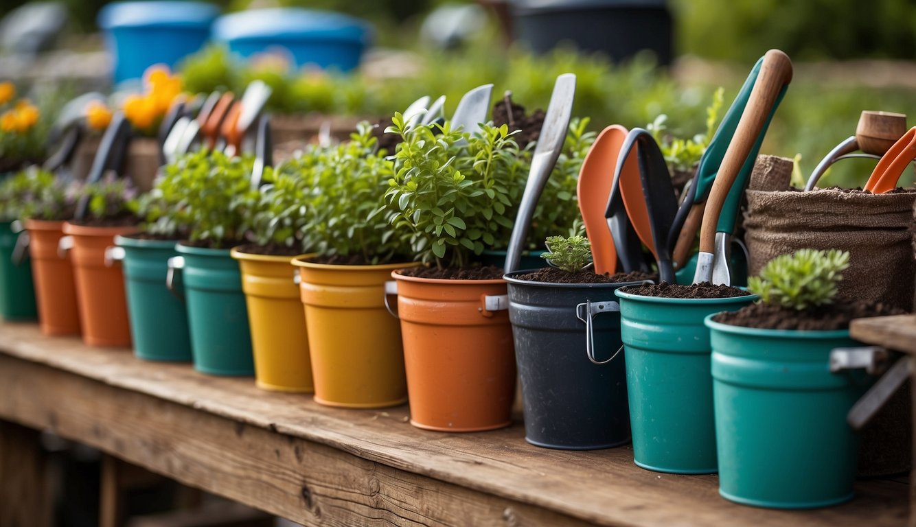 A collection of gardening tools arranged neatly next to a row of colorful buckets filled with soil and plants. Shovels, trowels, watering cans, and gloves are visible, ready for use