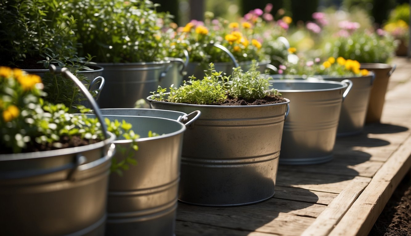 Buckets arranged in a sunny outdoor space. Soil and plants being carefully placed in each bucket. Gardening tools and watering can nearby