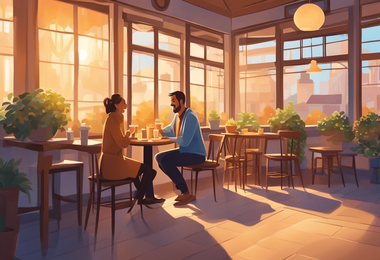 A couple sits at a cozy cafe, laughing and sharing stories. The warm glow of the setting sun streams through the window, casting a romantic atmosphere over the scene