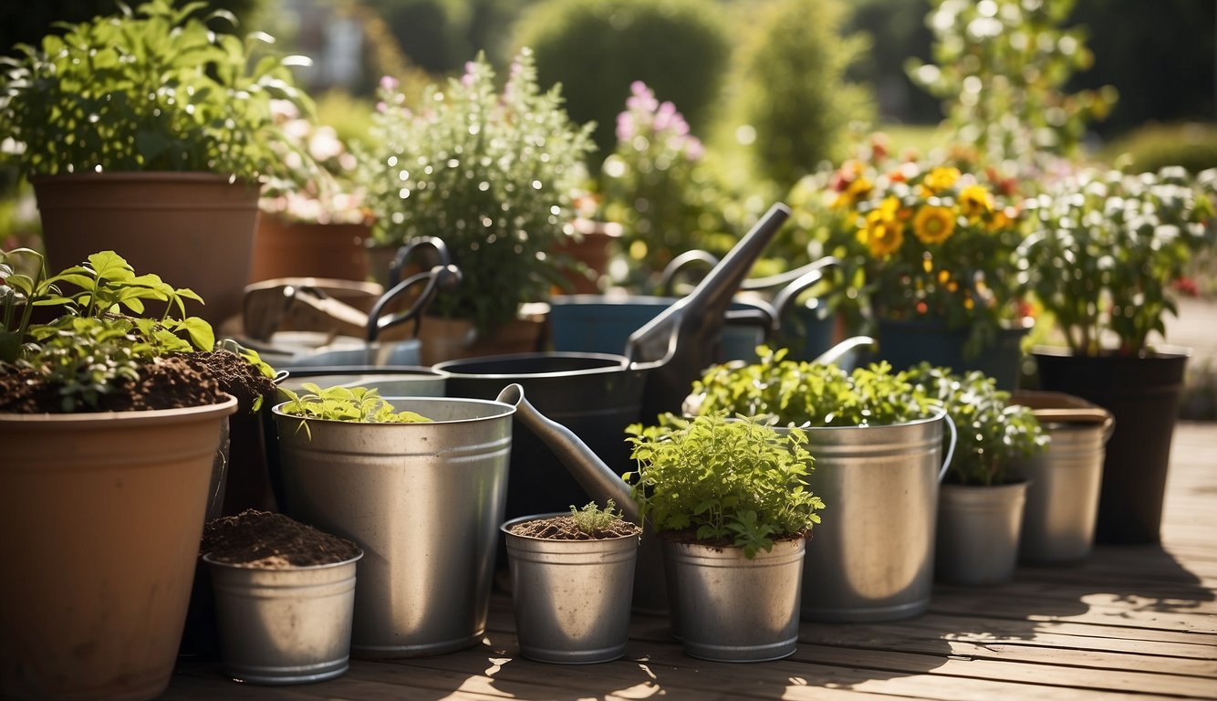Buckets filled with soil, plants, and gardening tools arranged neatly on a sunny patio. A watering can sits nearby, ready for use