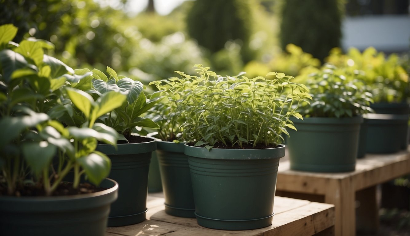 Lush green plants thrive in various-sized buckets arranged in a sunny, organized garden setting