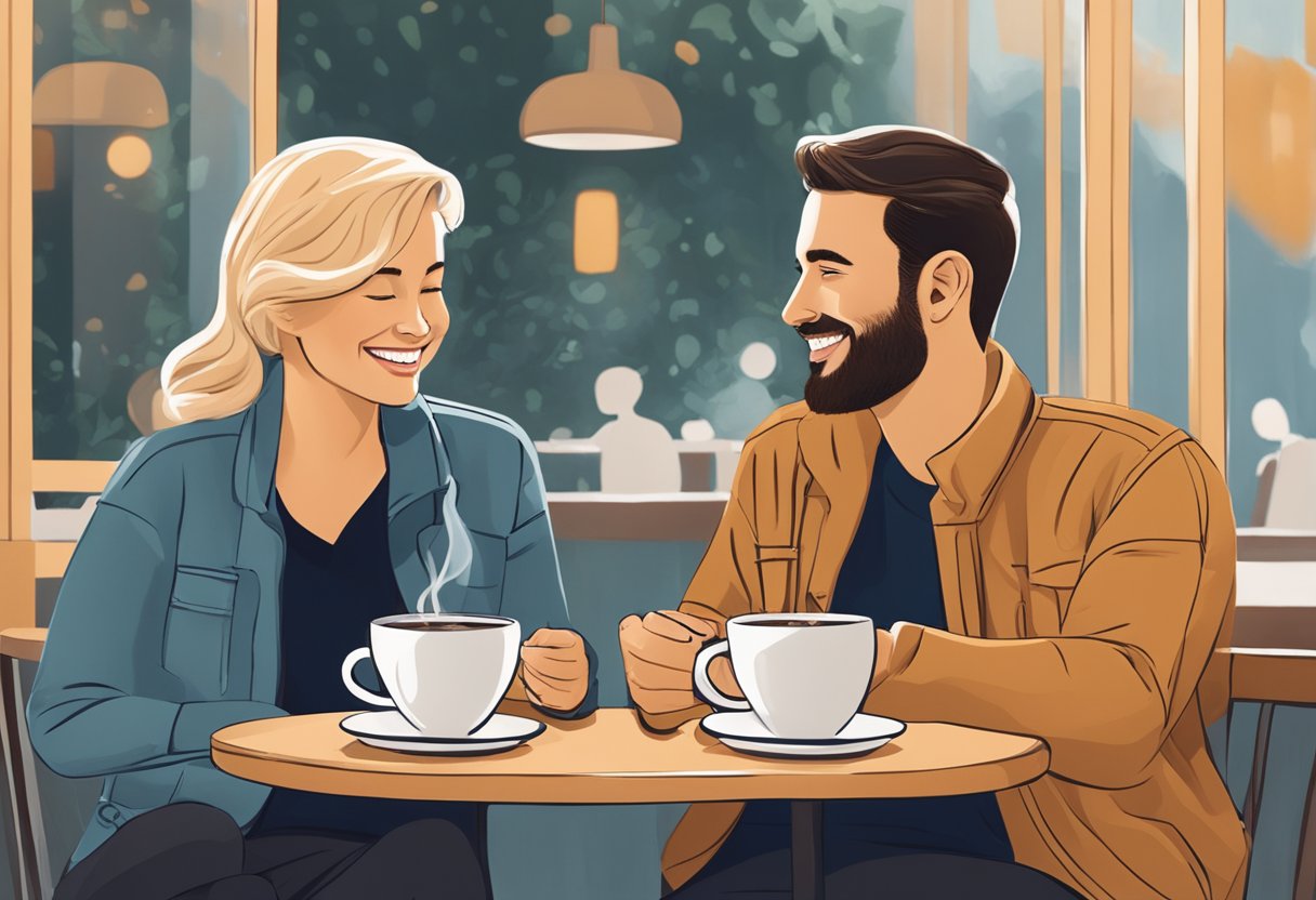 A couple sits at a cozy cafe, smiling and chatting over steaming cups of coffee. Their body language exudes warmth and connection, capturing the essence of new love and healing after divorce