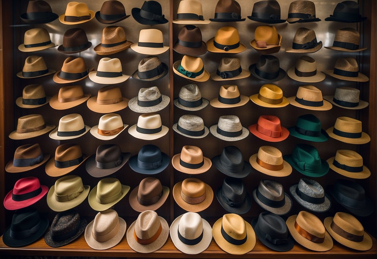 A Display Of 1930S Hats In A Vintage Boutique, Showcasing A Variety Of Styles Including Cloches, Berets, And Wide-Brimmed Hats