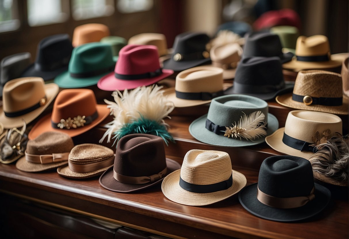 A Table Displays Various Hat Accessories And Personalization Options For A 1930S-Style Hat. Pins, Feathers, And Ribbons Are Neatly Arranged For Customization