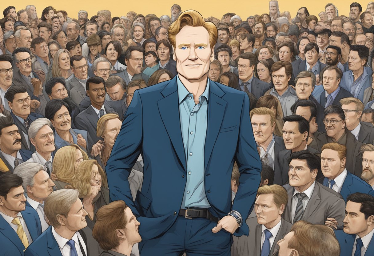 Conan O'Brien stands tall, towering over the crowd, with a confident and commanding presence