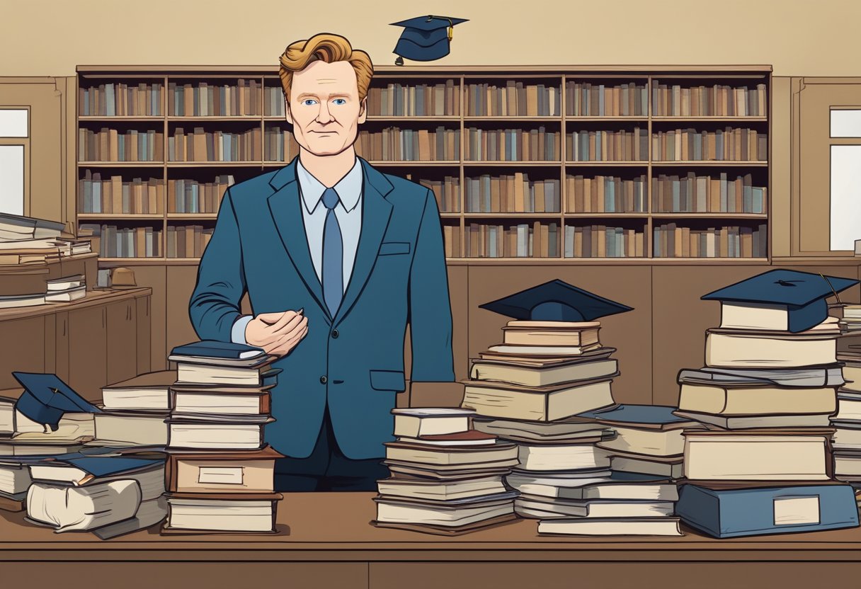 Conan O'Brien stands tall in front of a school, surrounded by books and a graduation cap. He looks eager and determined to learn and succeed