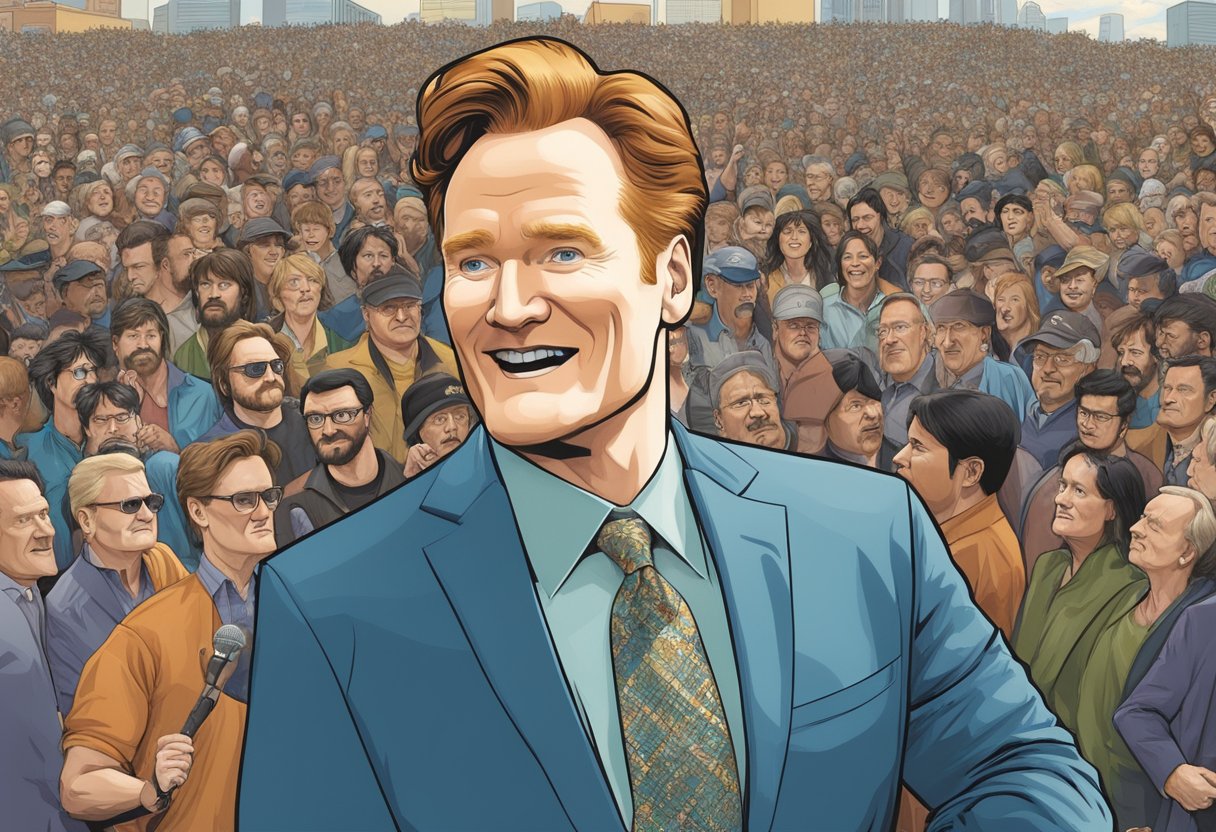 Conan O'Brien stands tall, towering over the crowd, with a commanding presence