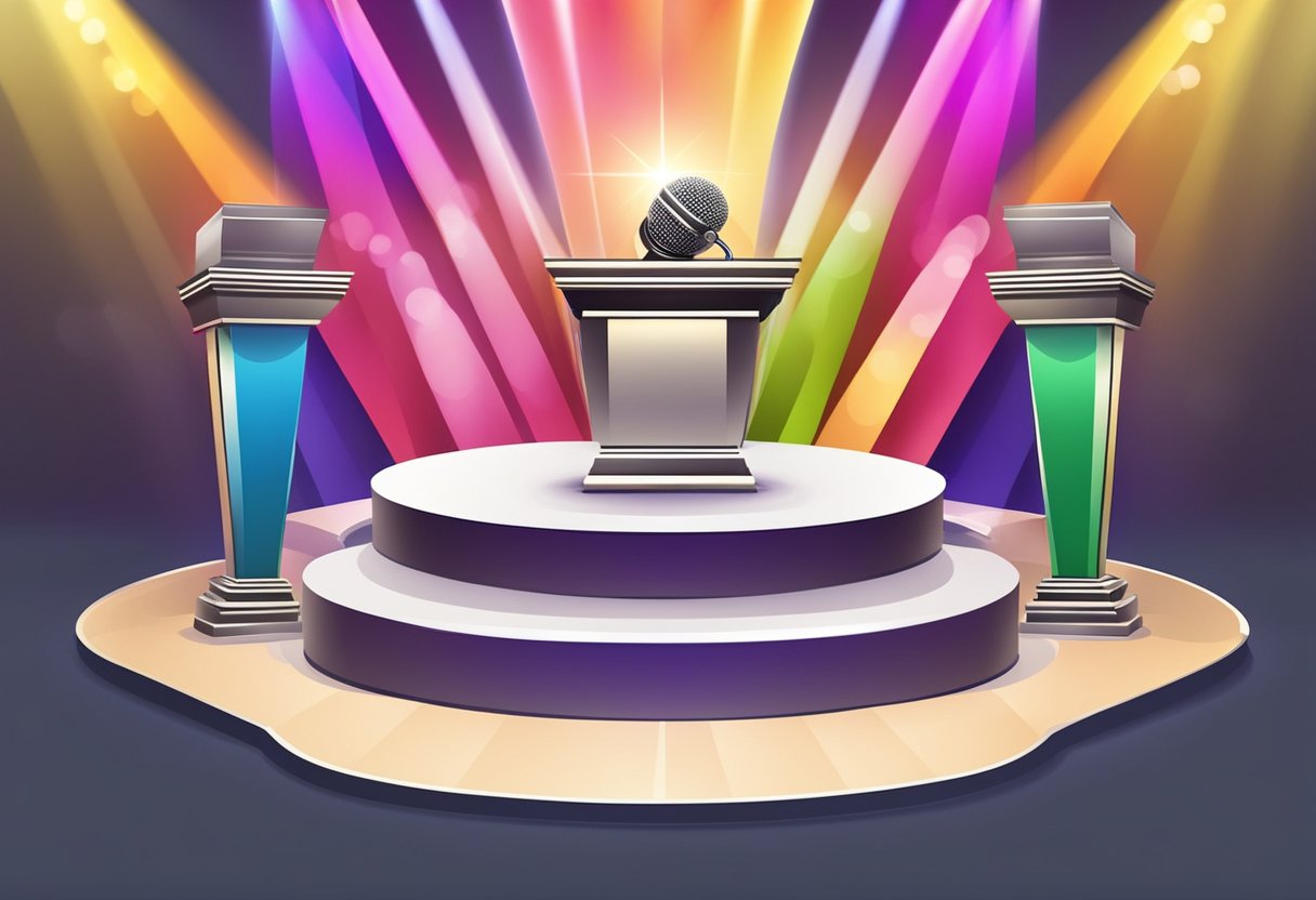 A podium with a microphone and a spotlight shining down, surrounded by banners and trophies