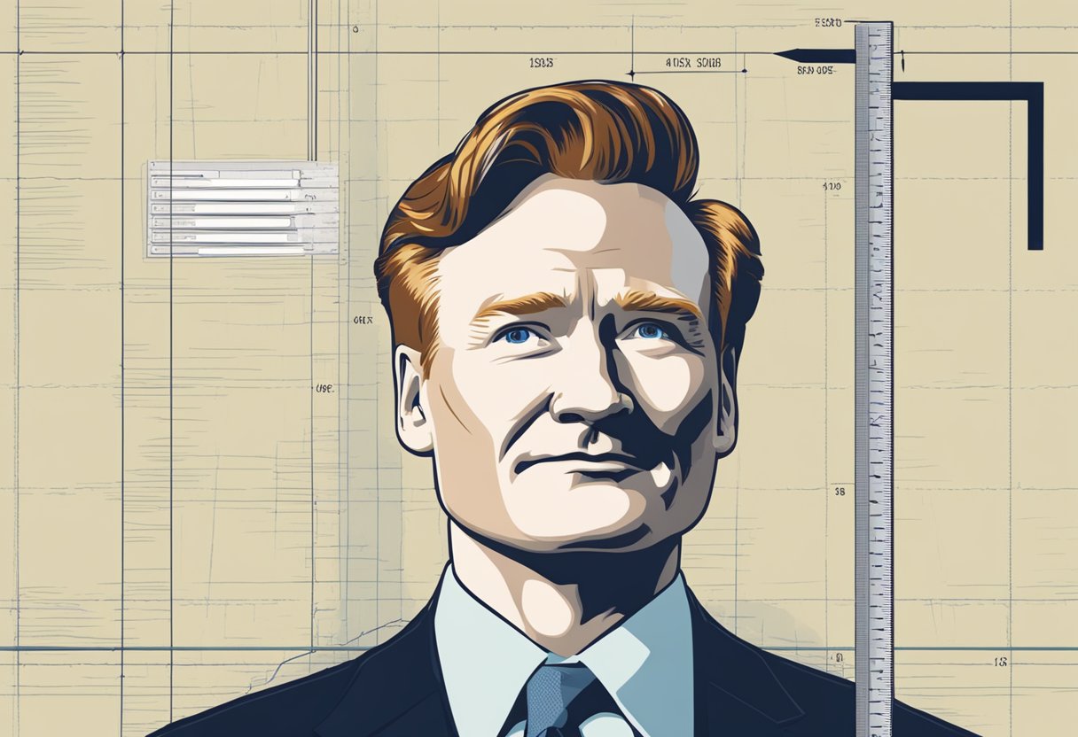 Conan O'Brien's height is depicted with a measuring tape next to a marked line on a wall