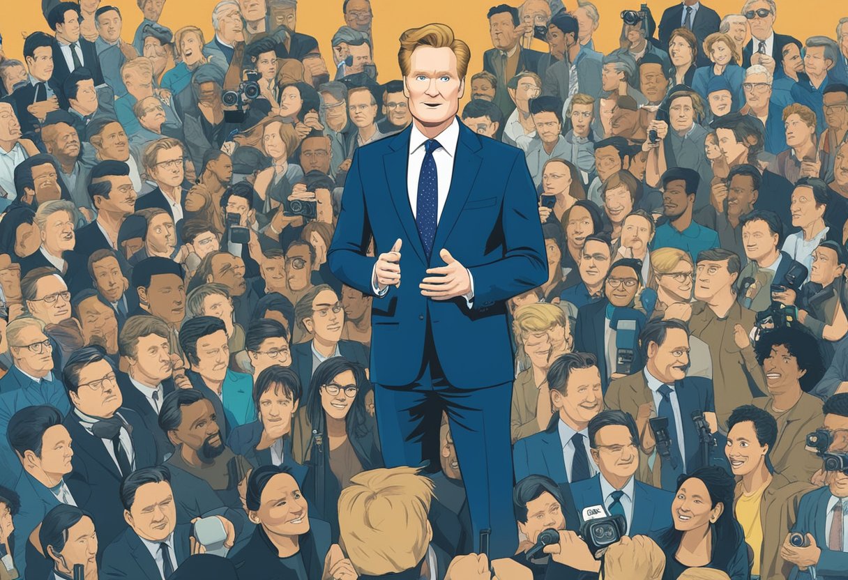Conan O'Brien stands tall in front of a crowd, surrounded by cameras and microphones. His image is projected on a large screen, while media logos and headlines fill the background