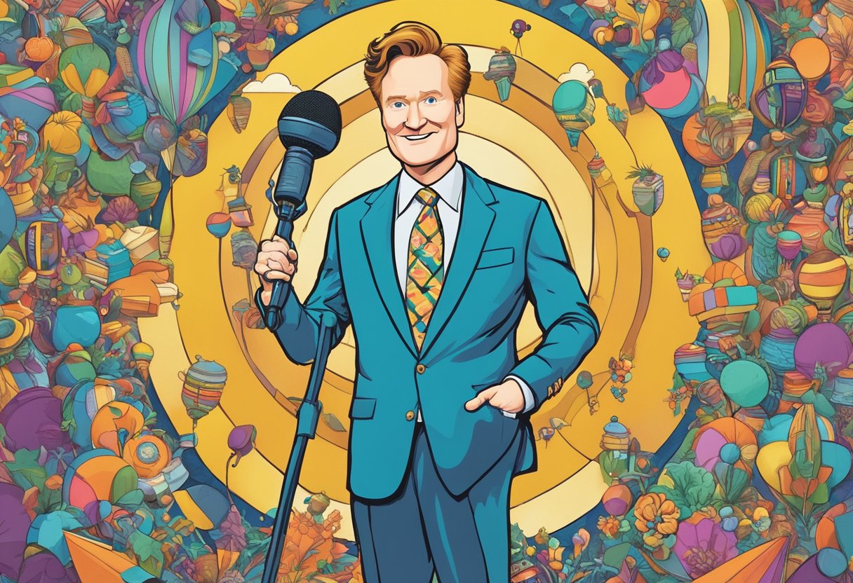 Conan O'Brien stands tall, towering over a tiny microphone, with a mischievous grin on his face. The backdrop is filled with whimsical props and colorful, exaggerated features