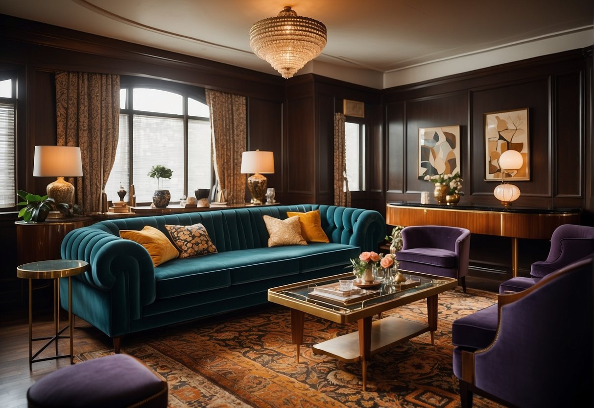 A Cozy 1930S Living Room With Art Deco Furniture, Geometric Patterns, And Rich Colors. A Velvet Sofa, A Patterned Rug, And A Sleek Cocktail Bar Complete The Sophisticated Look