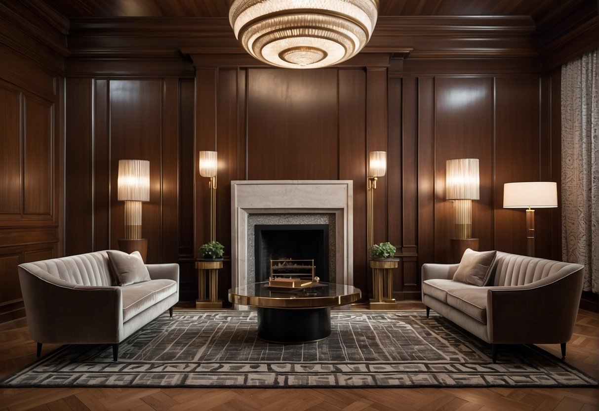 A Plush Velvet Sofa Sits In Front Of An Art Deco Fireplace, Flanked By Sleek Chrome Lamps And Geometric-Patterned Rugs. Rich Wood Paneling And Ornate Ceiling Moldings Complete The 1930S Interior Design
