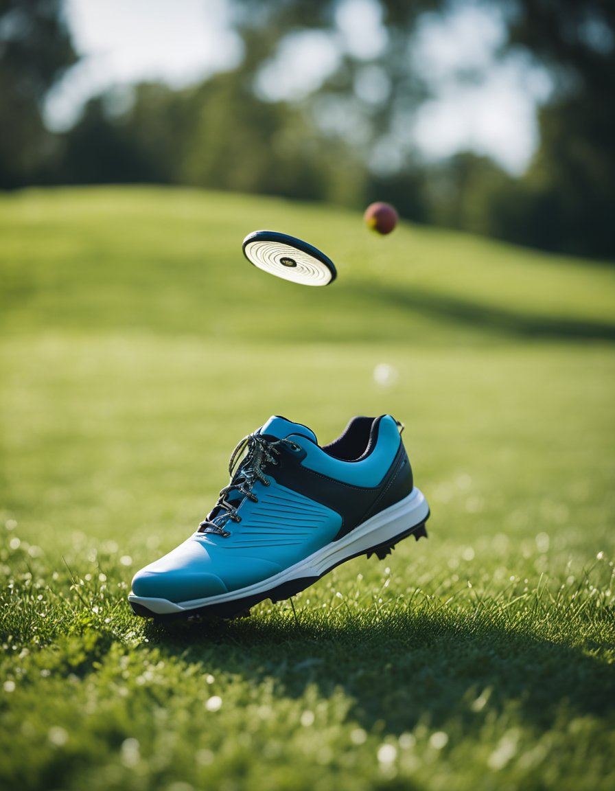 A pair of disc golf shoes on a grassy course, with a disc in mid-flight towards a distant basket