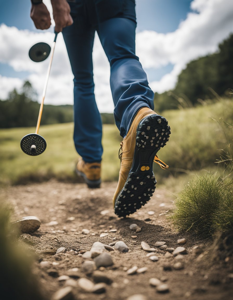 A disc golfer in durable, high-traction footwear confidently navigates rugged terrain, showcasing the importance of grip and durability in disc golf shoes