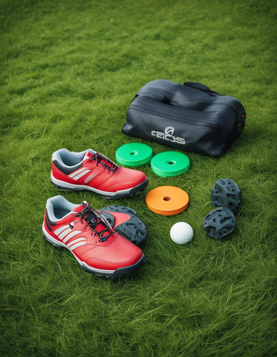 A pair of Comfort and Fit Essentials disc golf footwear resting on a grassy fairway, surrounded by scattered discs and a distant basket