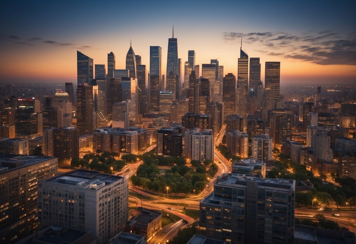 A city skyline with "MSA and the Census" displayed, surrounded by real estate symbols and a guide book