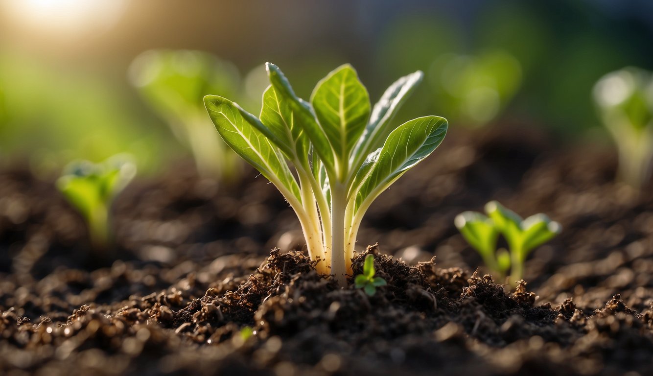 A small carrot sprout emerges from the soil, growing taller and thicker as it reaches for the sunlight. More sprouts appear, forming a cluster of vibrant green leaves