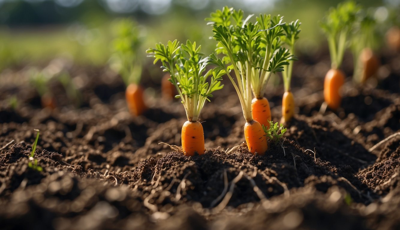 Sprouted carrots emerging from soil, green shoots reaching upward. Mature carrots nearby, with visible sprouts
