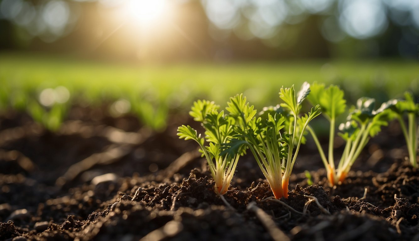 Carrots sprouting from the ground, green leaves reaching towards the sun