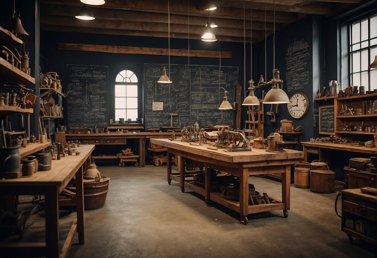 A Bustling Workshop With Various 1930S Inventions On Workbenches And Hanging From The Ceiling. A Large Chalkboard Displays Sketches And Blueprints