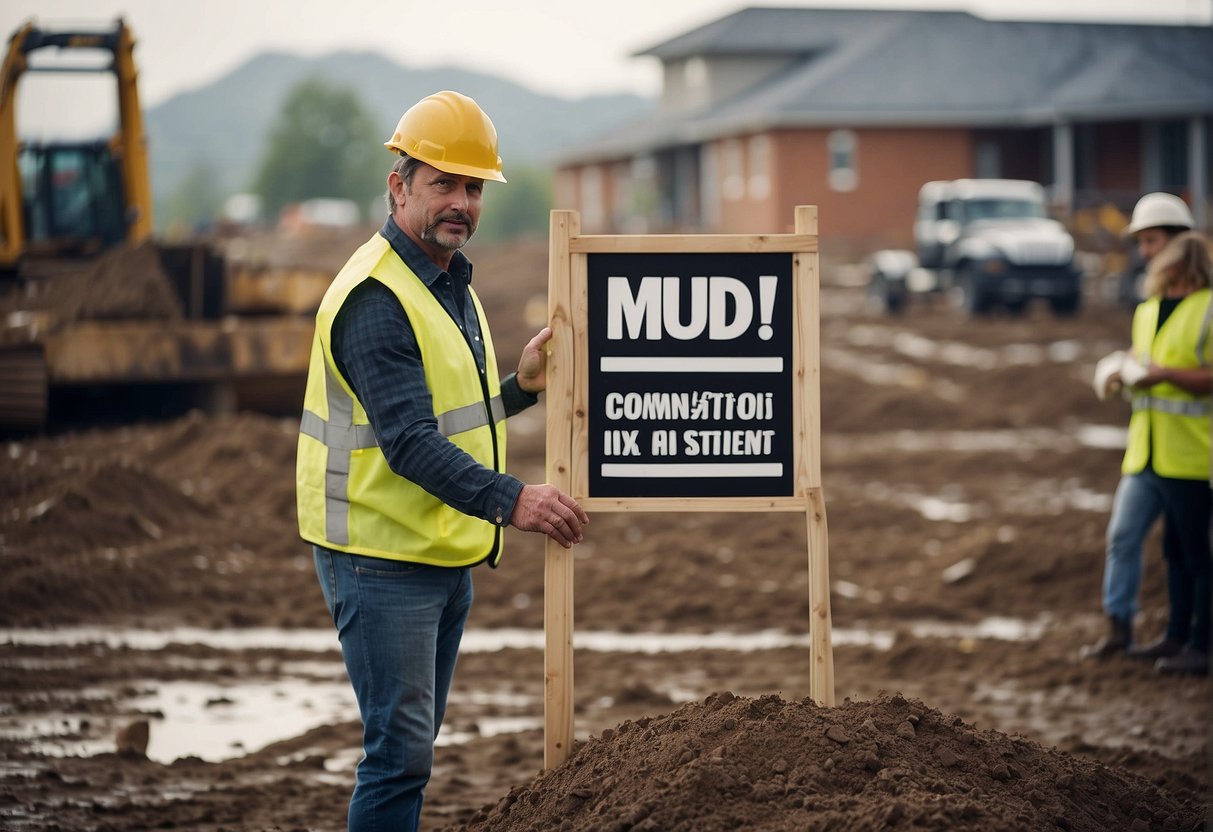 A muddy construction site with "MUD" written on a sign. A real estate agent explaining to a client