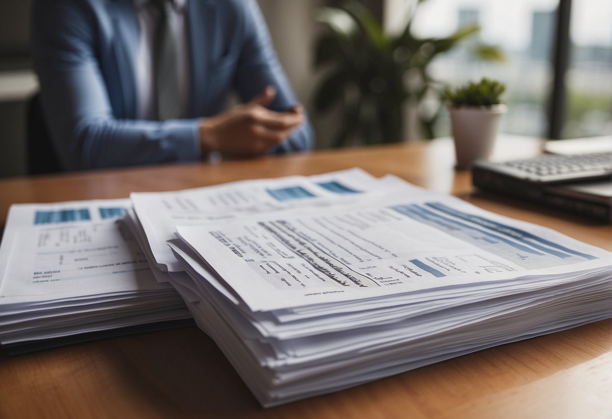 A stack of real estate documents sits on a desk, surrounded by charts and graphs showing financial data. The words "MUDs" and "Real Estate" are prominently displayed