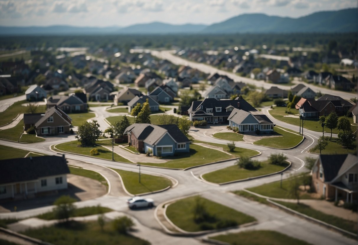 A group of buildings surrounded by a network of roads and drainage systems, with signs indicating "MUD Governance and Management" in a real estate setting