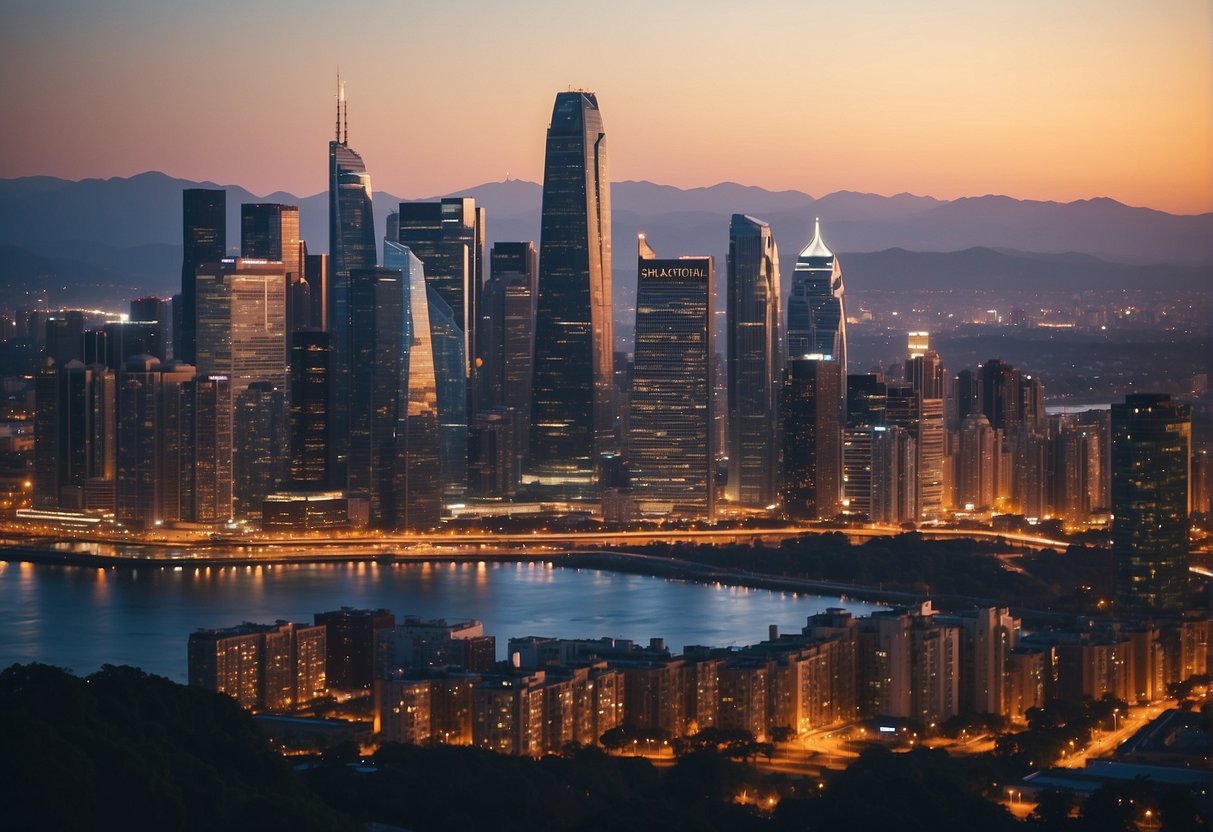 A bustling city skyline with various buildings of different sizes and shapes, showing the ebb and flow of real estate activity