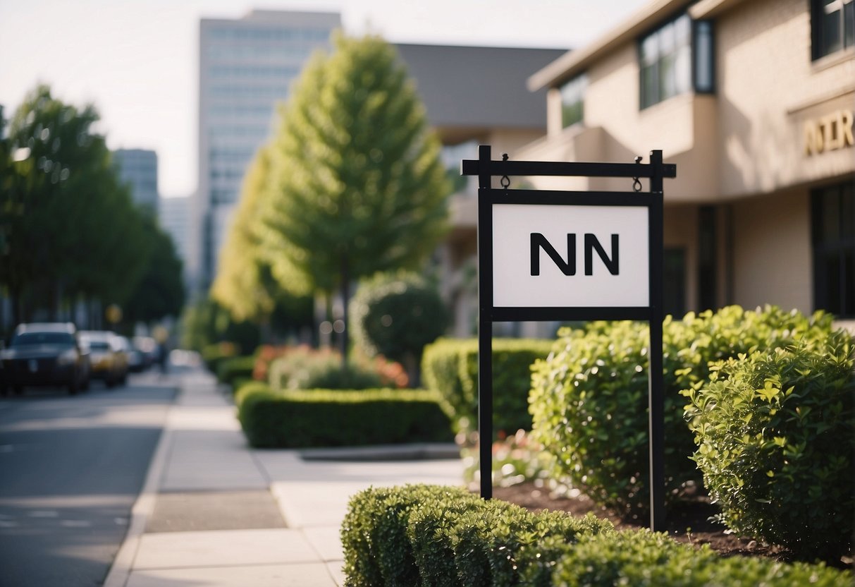 A house with a "NNN" sign in front, surrounded by commercial buildings and a real estate office