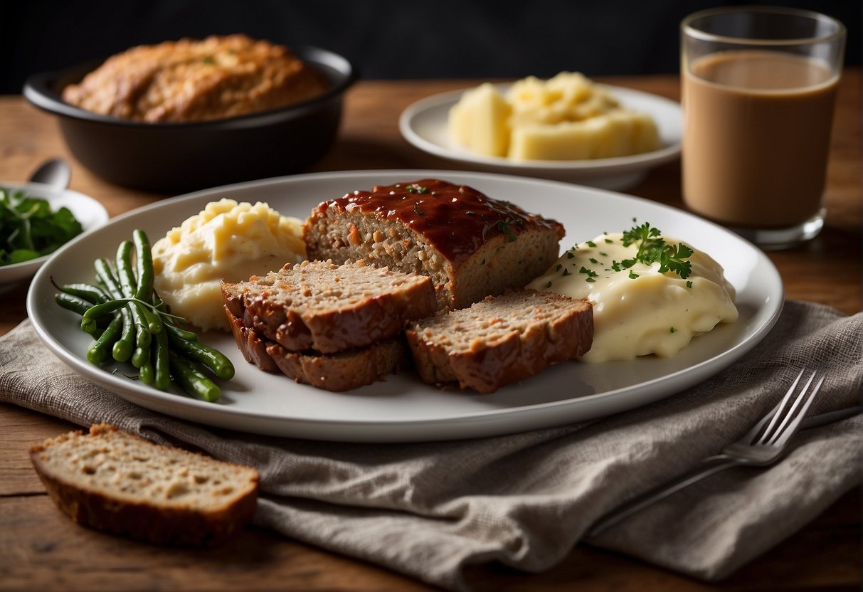 A Table Set With Simple, Hearty Dishes Like Meatloaf, Mashed Potatoes, And Canned Vegetables. A Loaf Of Bread And A Pot Of Coffee Sit Nearby