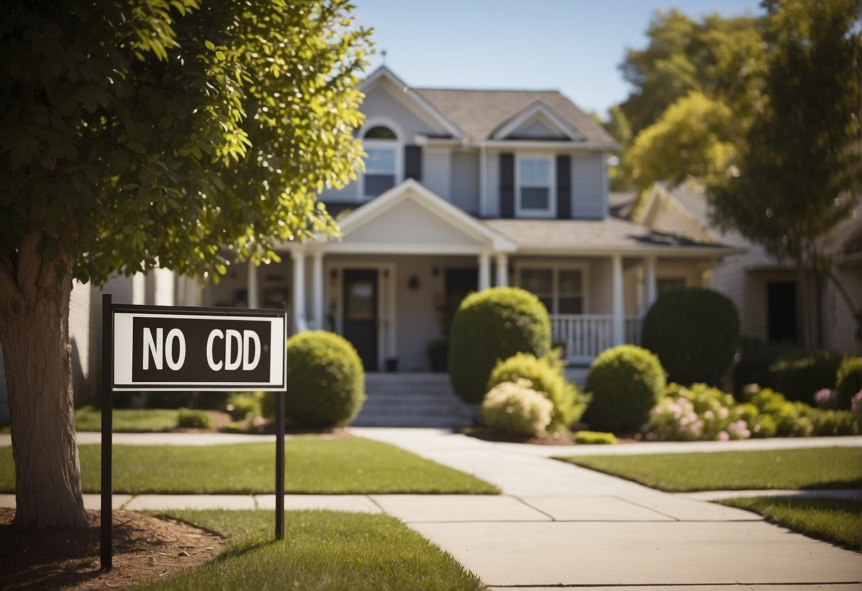 A "No CDD" sign on a suburban street with a row of houses and a real estate agent's "For Sale" sign in the front yard