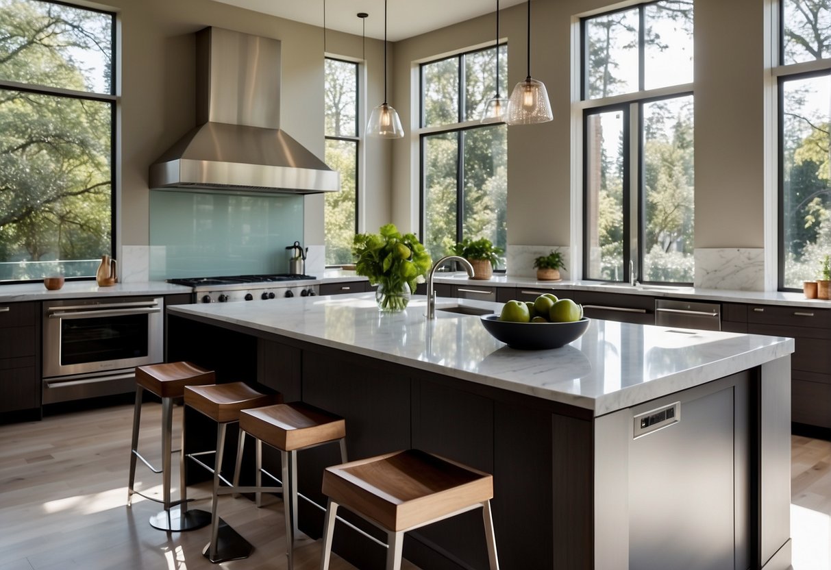 A modern, spacious kitchen with sleek countertops, stainless steel appliances, and a large island with bar stools. Natural light floods in from the large windows, illuminating the clean, minimalist design