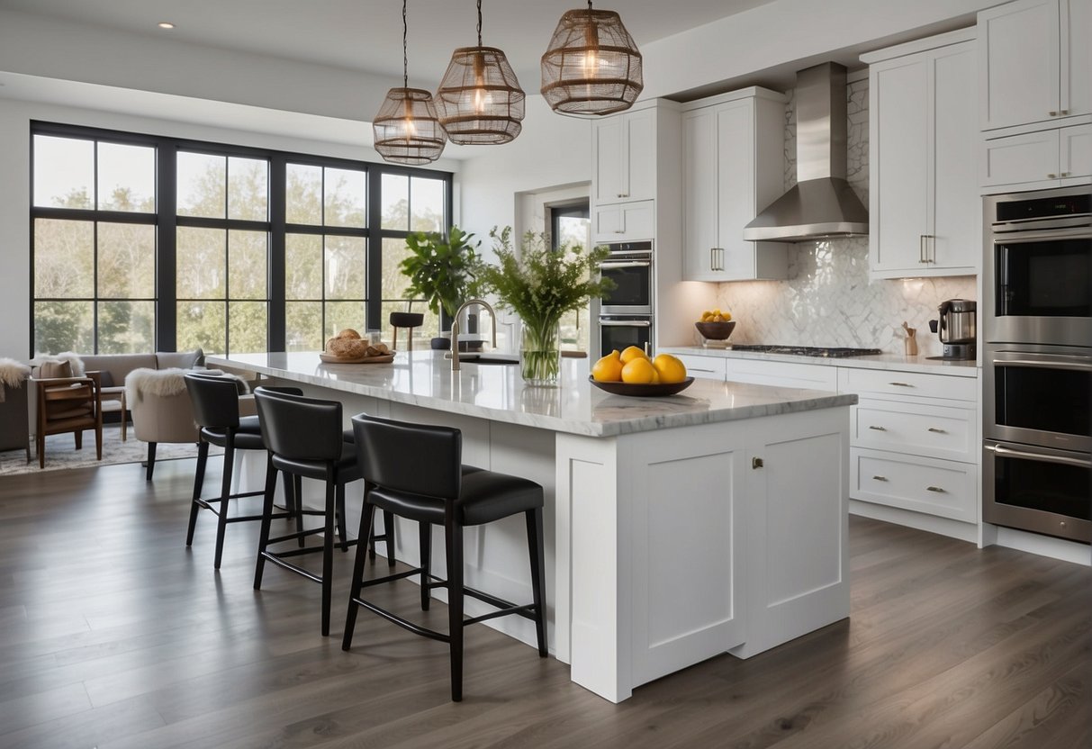 A sleek, open-concept kitchen with stainless steel appliances, marble countertops, and a large island with bar seating. Natural light floods the space, highlighting the clean lines and minimalist design