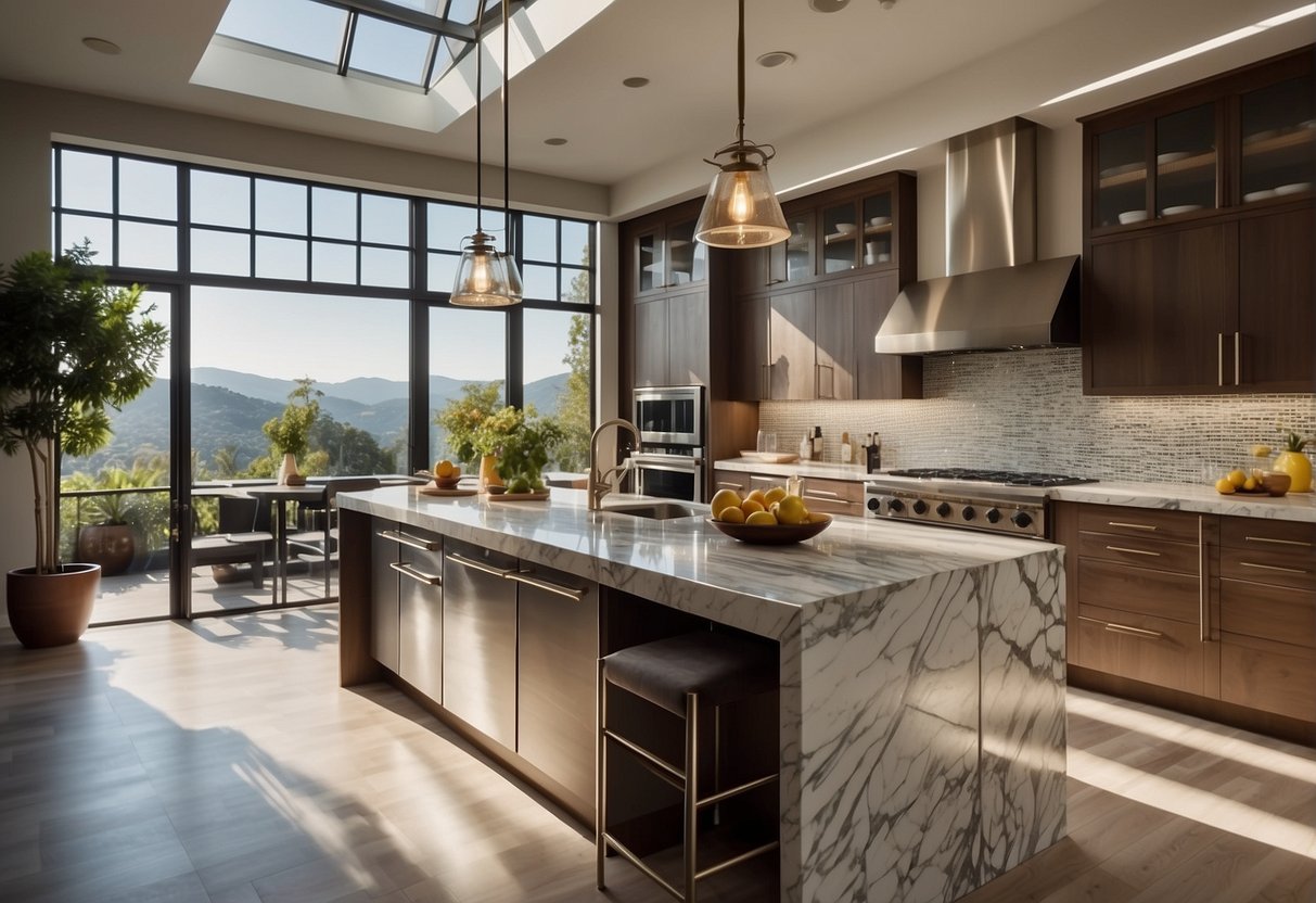 A modern kitchen with sleek stainless steel appliances, marble countertops, and wood cabinetry. Light streams in through large windows, casting a warm glow on the polished surfaces