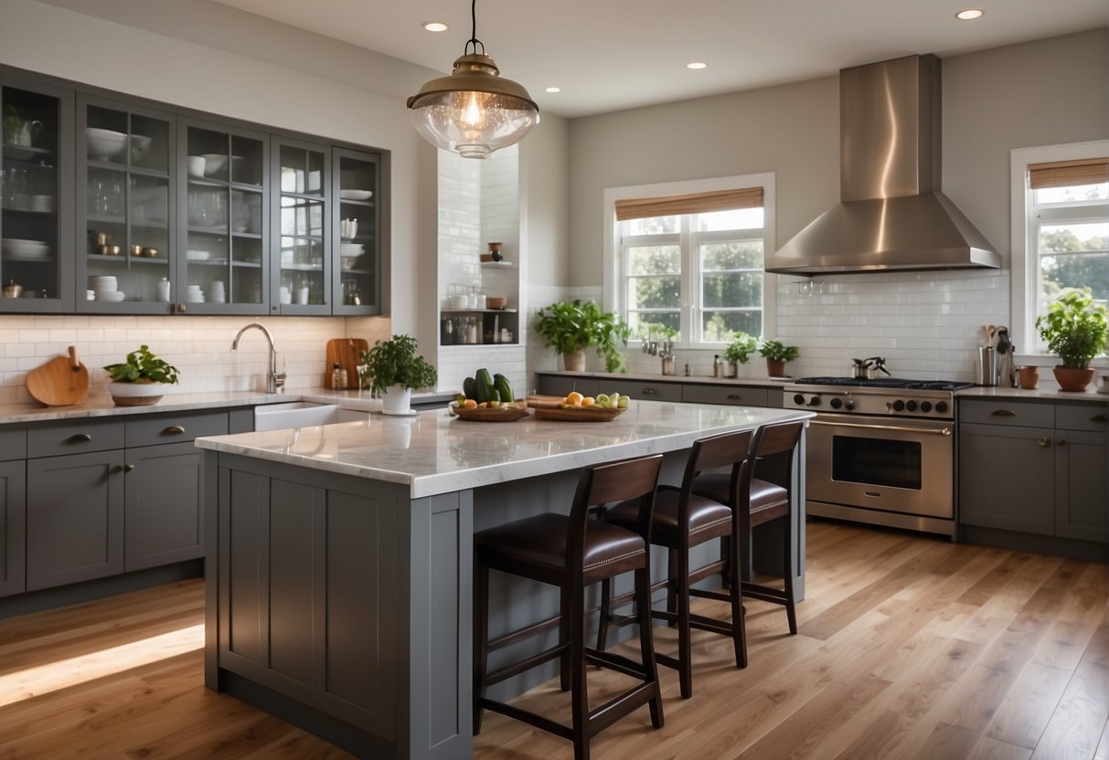A spacious kitchen with an open layout, featuring a large central island, plenty of counter space, and seamless flow between the cooking, cleaning, and food preparation areas