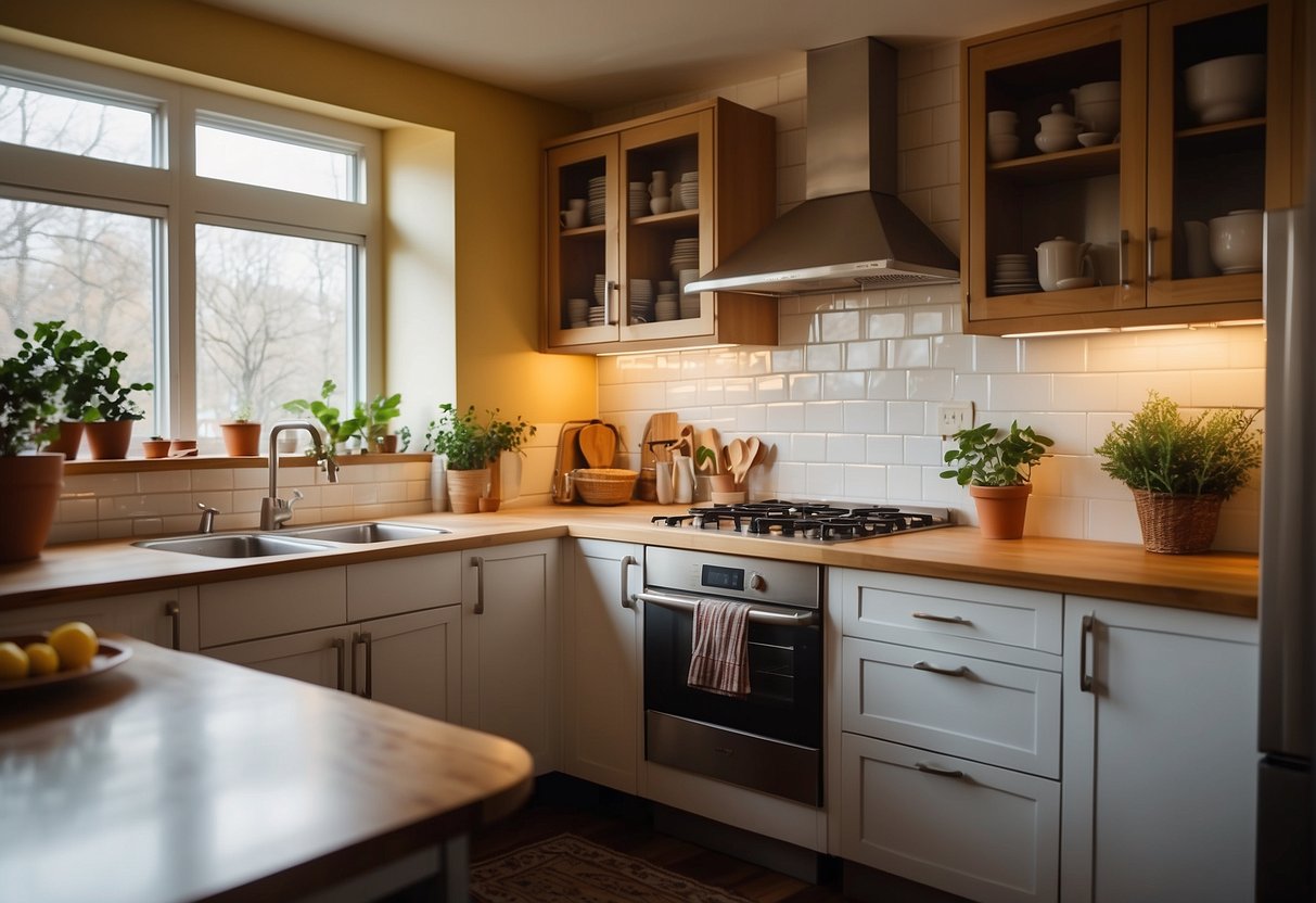 A brightly lit kitchen with warm, inviting colors and natural sunlight streaming in through large windows, creating a cozy and vibrant atmosphere