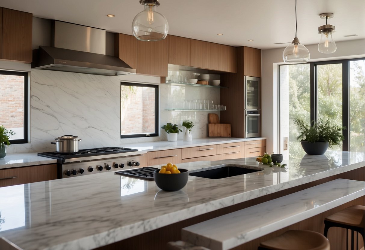 A modern kitchen with sleek appliances, marble countertops, and stylish fixtures. Bright natural light floods the space, creating a welcoming and functional environment