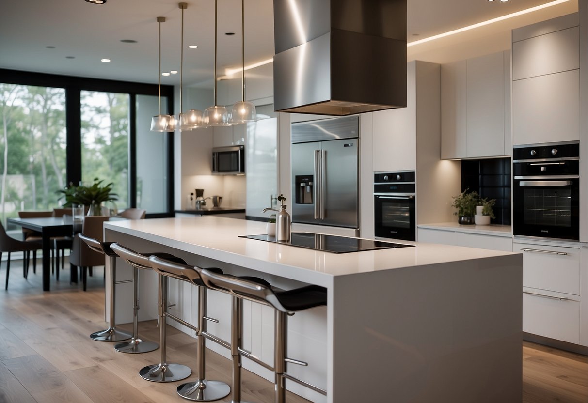 A modern, sleek kitchen with innovative appliances and trendy design elements. Bright lighting and clean lines create a welcoming and functional space