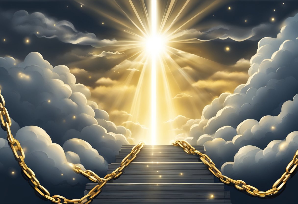 A bright light shines through dark clouds as chains shatter, symbolizing spiritual strongholds breaking under the power of prayers