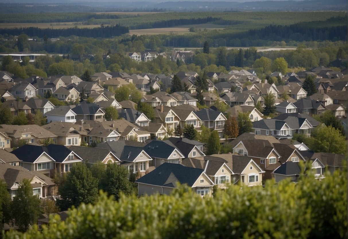 A suburban landscape with a mix of residential and commercial buildings, with no visible zoning restrictions or boundaries